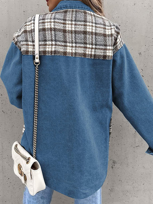 Blue Zone Planet |  Denim Jacket Long Sleeve Check Button Down Shirt Jacket Top BLUE ZONE PLANET
