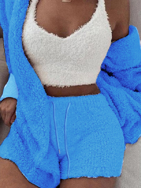 Blue Zone Planet | Plush Homewear Casual 3-piece Pajamas Long Sleeve Navel Vest Shorts Set-TOPS / DRESSES-[Adult]-[Female]-Blue-S-2022 Online Blue Zone Planet