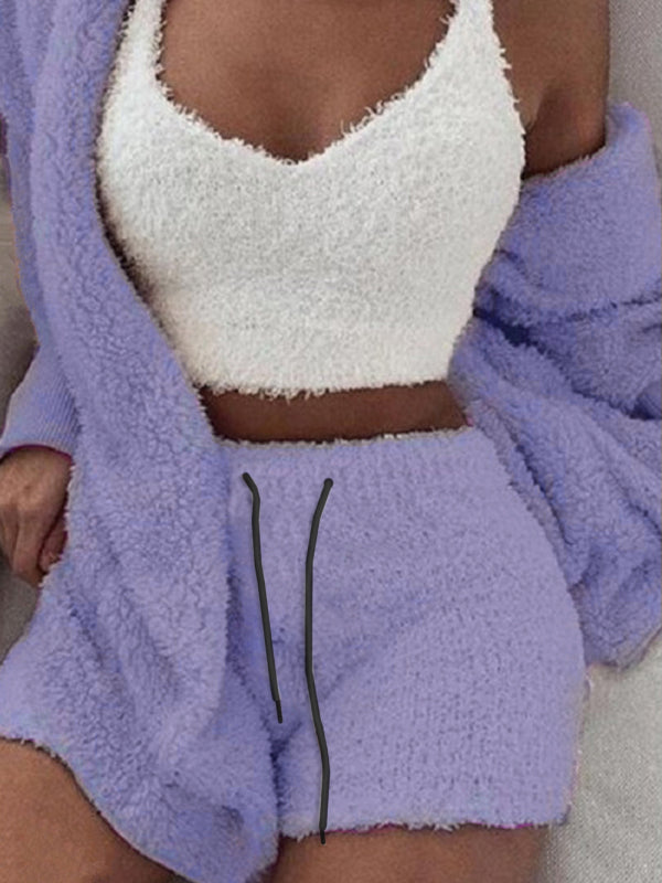Blue Zone Planet | Plush Homewear Casual 3-piece Pajamas Long Sleeve Navel Vest Shorts Set-TOPS / DRESSES-[Adult]-[Female]-Purple-S-2022 Online Blue Zone Planet