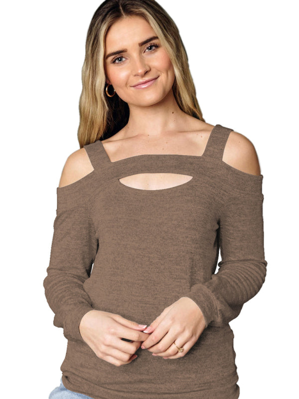 Blue Zone Planet | Hollow Square Neck Off Shoulder Long Sleeve Sweater T-Shirt-TOPS / DRESSES-[Adult]-[Female]-Coffee-S-2022 Online Blue Zone Planet