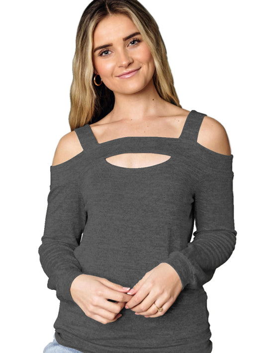 Blue Zone Planet | Hollow Square Neck Off Shoulder Long Sleeve Sweater T-Shirt-TOPS / DRESSES-[Adult]-[Female]-Charcoal grey-S-2022 Online Blue Zone Planet