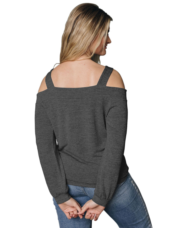 Blue Zone Planet | Hollow Square Neck Off Shoulder Long Sleeve Sweater T-Shirt-TOPS / DRESSES-[Adult]-[Female]-2022 Online Blue Zone Planet