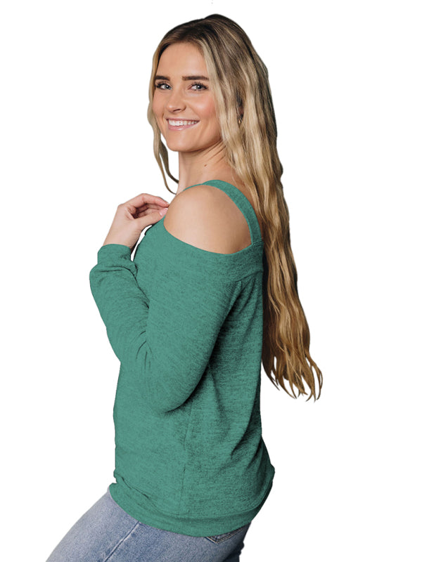 Blue Zone Planet | Hollow Square Neck Off Shoulder Long Sleeve Sweater T-Shirt-TOPS / DRESSES-[Adult]-[Female]-2022 Online Blue Zone Planet