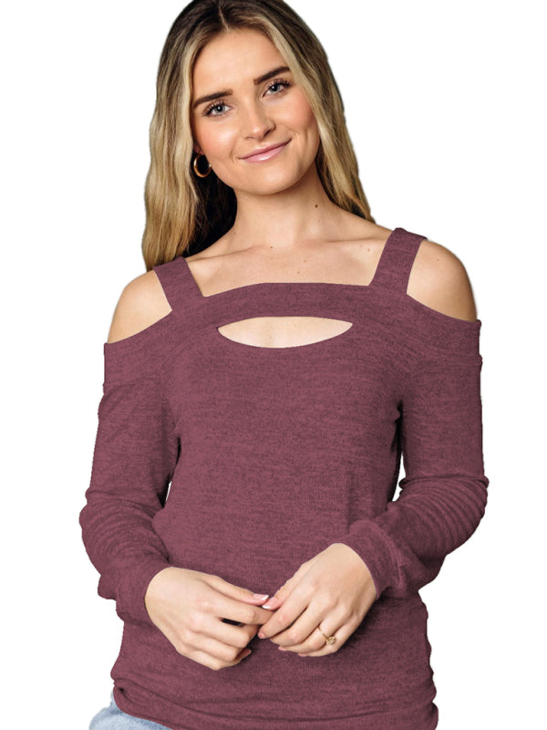Blue Zone Planet | Hollow Square Neck Off Shoulder Long Sleeve Sweater T-Shirt-TOPS / DRESSES-[Adult]-[Female]-Purplish red-S-2022 Online Blue Zone Planet