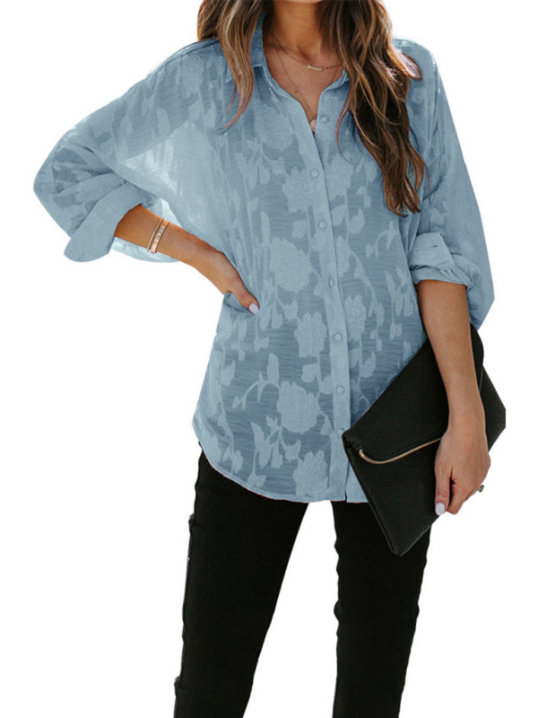 Blue Zone Planet | Lapel shirt solid color floral long-sleeved shirt BLUE ZONE PLANET