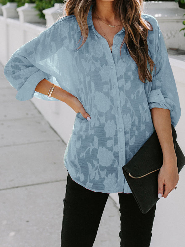 Blue Zone Planet | Lapel shirt solid color floral long-sleeved shirt BLUE ZONE PLANET