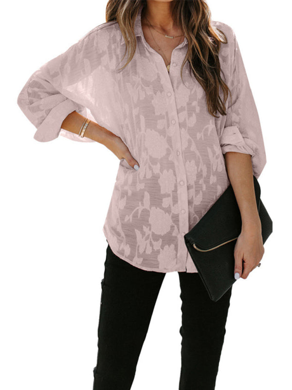 Blue Zone Planet | Lapel shirt solid color floral long-sleeved shirt BLUE ZONE PLANET