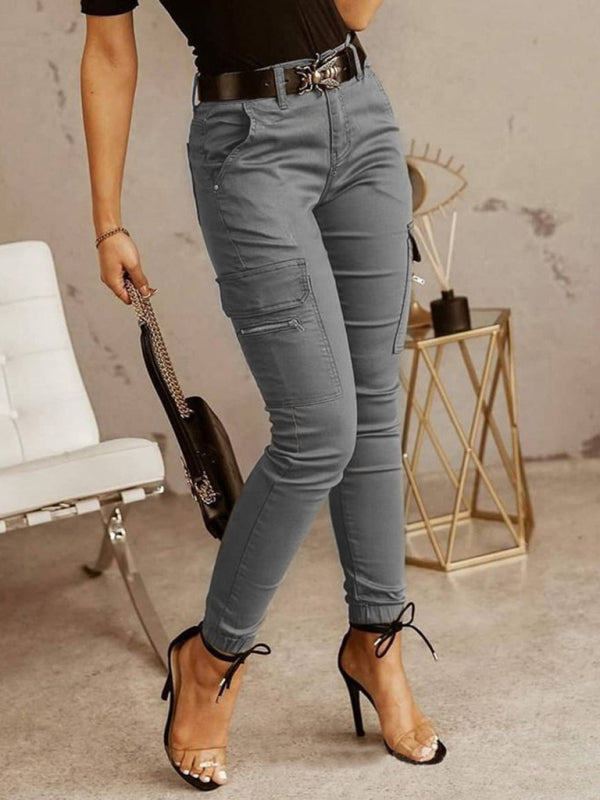 Blue Zone Planet | Women's trousers Low waist button solid color pocket bound overalls-TOPS / DRESSES-[Adult]-[Female]-Grey-S-2022 Online Blue Zone Planet