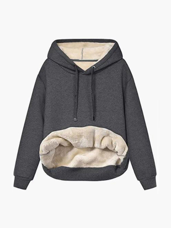 Blue Zone Planet | Warm Lamb Fleece Pocket Hooded Sports Sweater Coat Women-TOPS / DRESSES-[Adult]-[Female]-Charcoal grey-S-2022 Online Blue Zone Planet