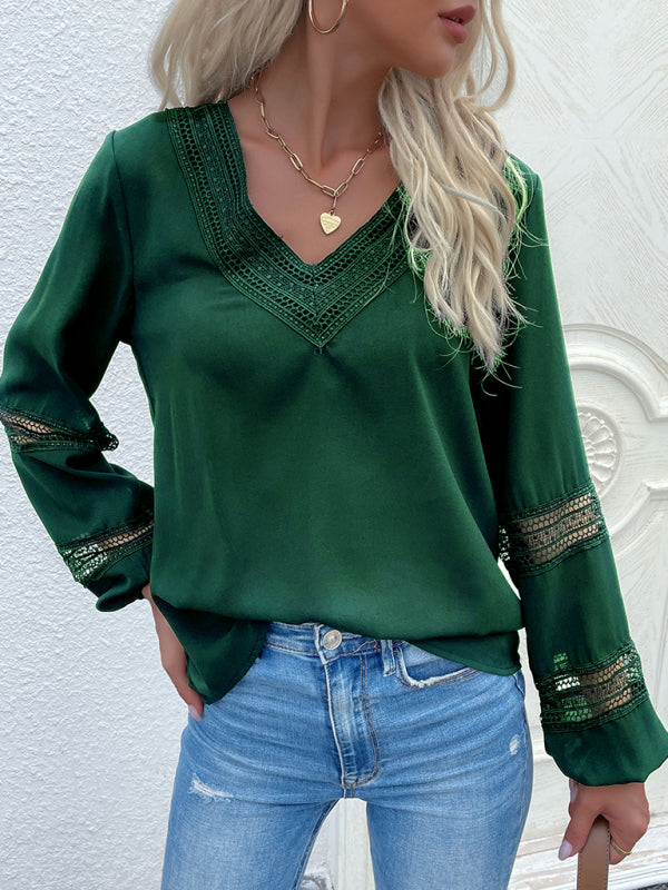 Blue Zone Planet | woven V-neck stitching hollow lace shirt-TOPS / DRESSES-[Adult]-[Female]-Green black jasper-S-2022 Online Blue Zone Planet