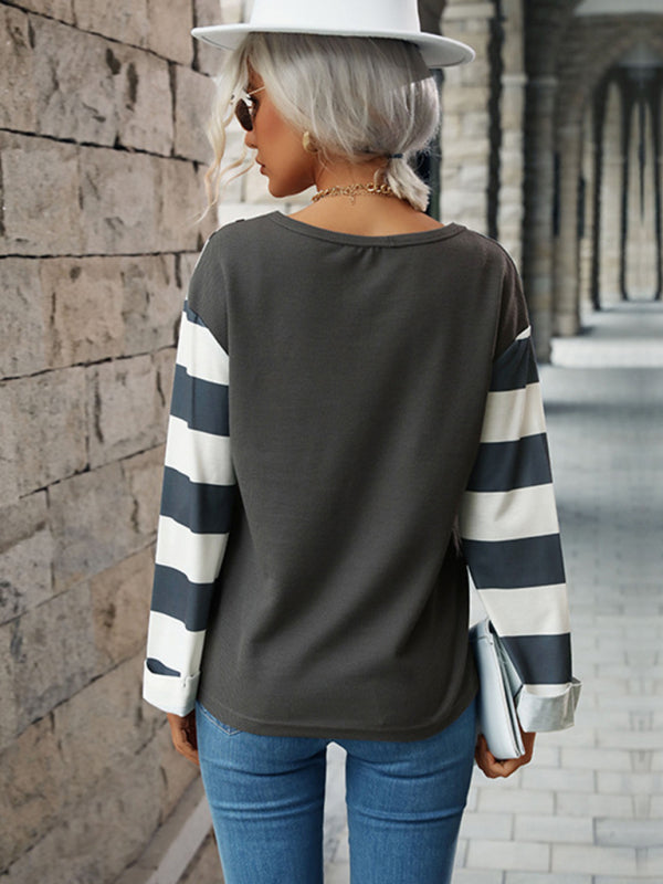 Women's leopard print stitching striped long-sleeved T-shirt-[Adult]-[Female]-2022 Online Blue Zone Planet