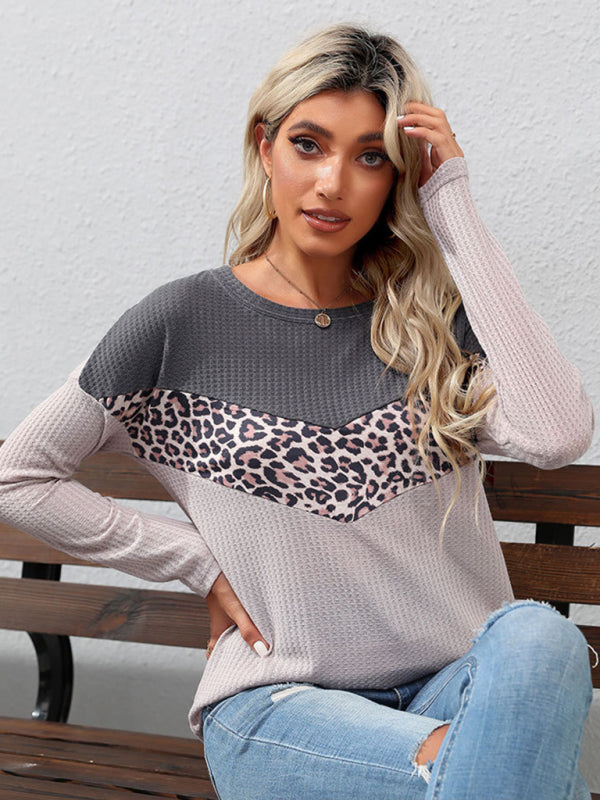 Women's leopard print stitching striped long-sleeved T-shirt-[Adult]-[Female]-2022 Online Blue Zone Planet