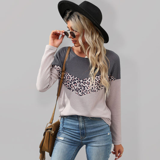 Women's leopard print stitching striped long-sleeved T-shirt-[Adult]-[Female]-Charcoal grey-S-2022 Online Blue Zone Planet