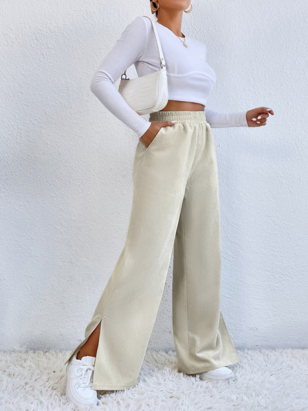 solid color corduroy paneled slit wide-leg trousers BLUE ZONE PLANET