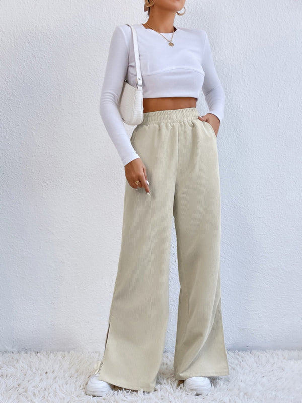 solid color corduroy paneled slit wide-leg trousers BLUE ZONE PLANET