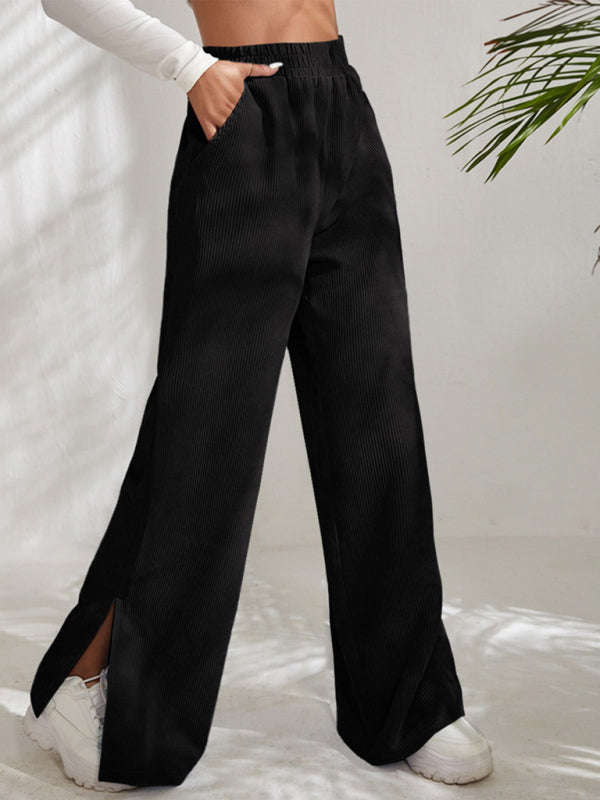 solid color corduroy paneled slit wide-leg trousers BLUE ZONE PLANET