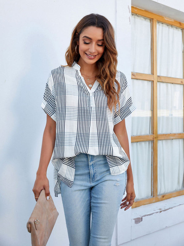 Blue Zone Planet | V-neck short-sleeved striped thin loose check shirt-TOPS / DRESSES-[Adult]-[Female]-2022 Online Blue Zone Planet
