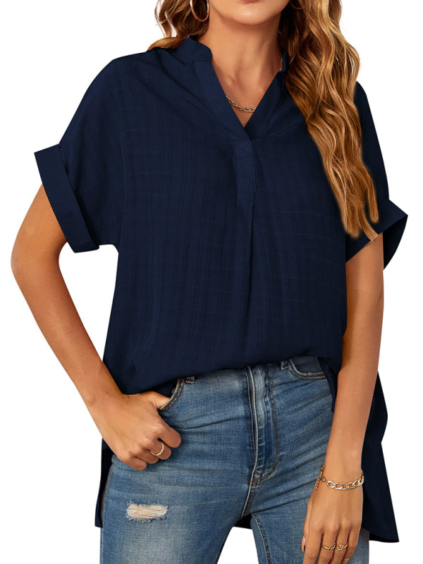 Blue Zone Planet | V-neck short-sleeved striped thin loose check shirt-TOPS / DRESSES-[Adult]-[Female]-Champlain color-S-2022 Online Blue Zone Planet