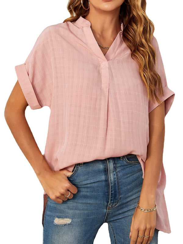 Blue Zone Planet | V-neck short-sleeved striped thin loose check shirt-TOPS / DRESSES-[Adult]-[Female]-2022 Online Blue Zone Planet