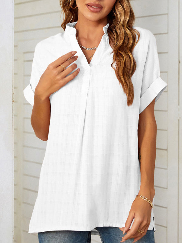 Blue Zone Planet | V-neck short-sleeved striped thin loose check shirt-TOPS / DRESSES-[Adult]-[Female]-White-S-2022 Online Blue Zone Planet