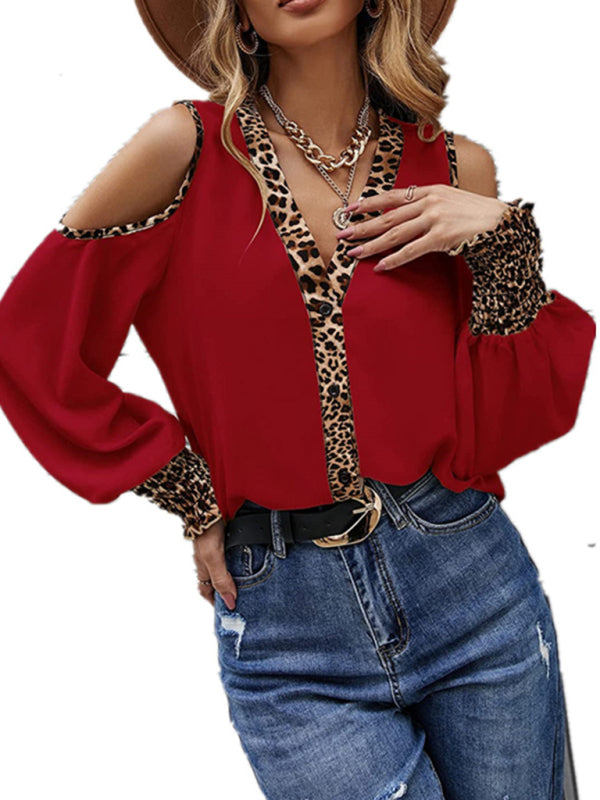 Leopard print stitching V-neck button off-the-shoulder long-sleeved top-[Adult]-[Female]-2022 Online Blue Zone Planet