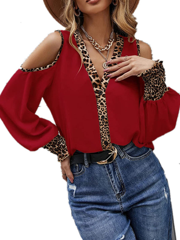 Leopard print stitching V-neck button off-the-shoulder long-sleeved top-[Adult]-[Female]-2022 Online Blue Zone Planet