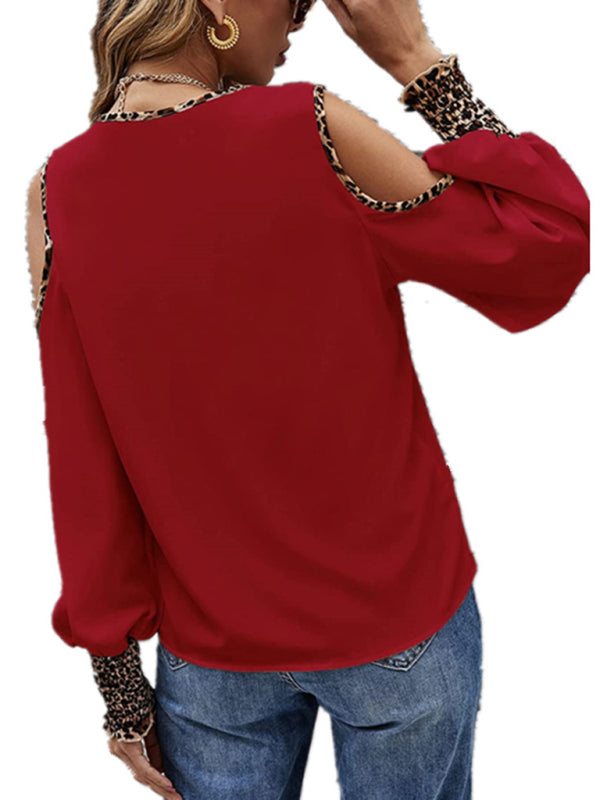 Leopard print stitching V-neck button off-the-shoulder long-sleeved top-[Adult]-[Female]-2022 Online Blue Zone Planet