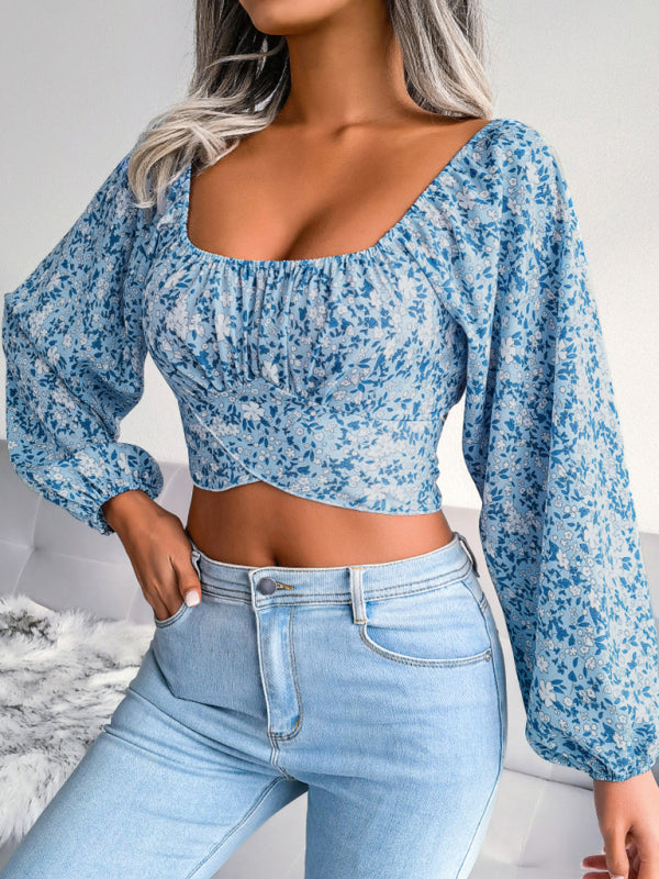 Blue Zone Planet |  Lantern sleeve bowknot floral chiffon shirt holiday style crop top BLUE ZONE PLANET