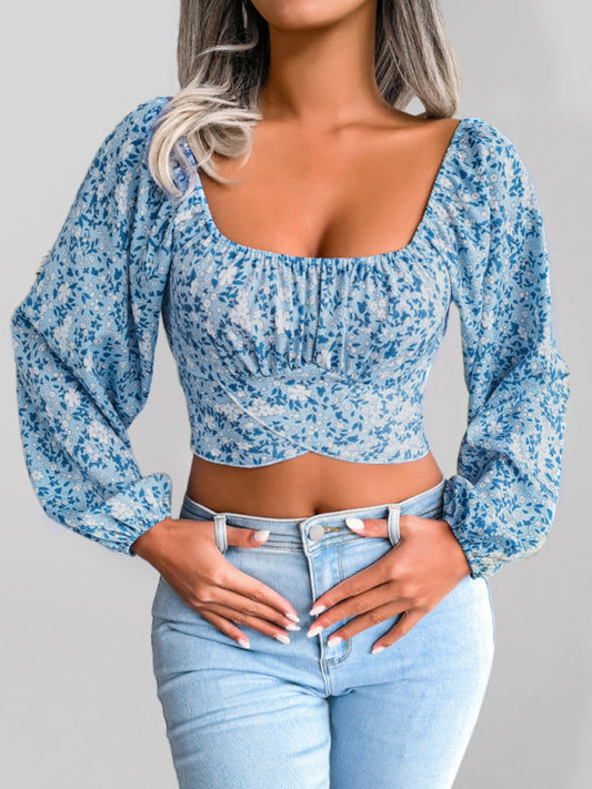 Blue Zone Planet |  Lantern sleeve bowknot floral chiffon shirt holiday style crop top BLUE ZONE PLANET
