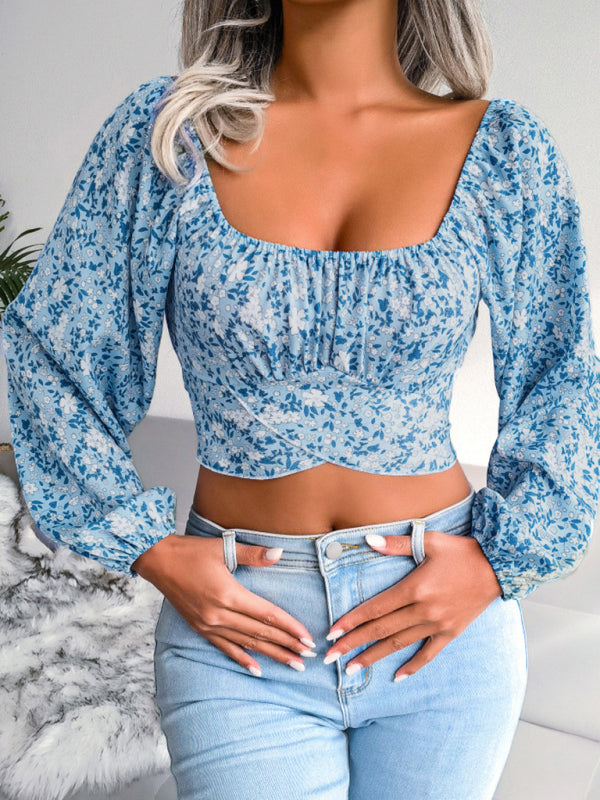 Blue Zone Planet |  Lantern sleeve bowknot floral chiffon shirt holiday style crop top BLUE ZONE PLANET