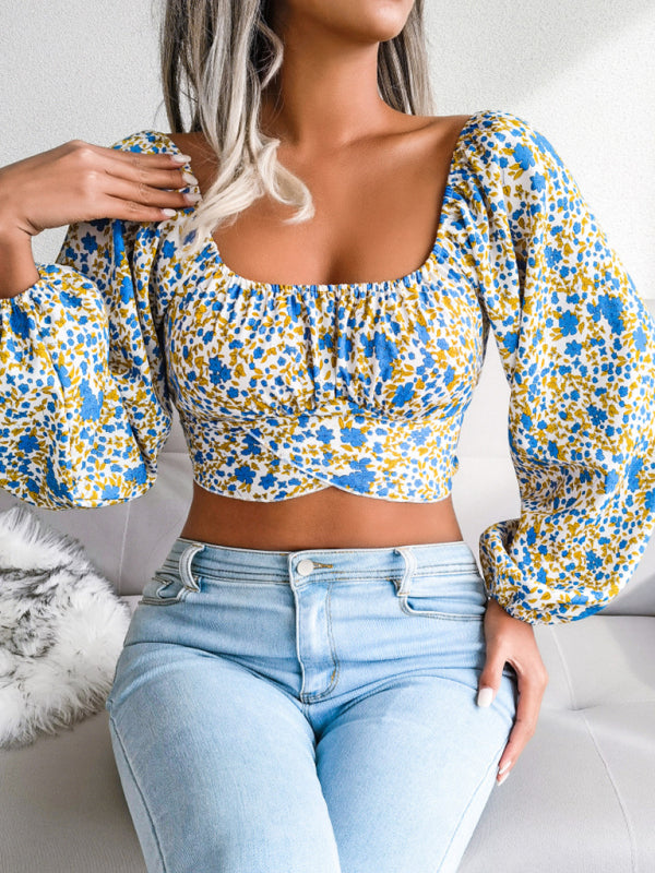 Blue Zone Planet |  Lantern sleeve bowknot floral chiffon shirt holiday style crop top BLUE ZONE PLANET