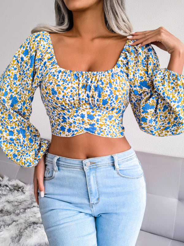 Blue Zone Planet |  Lantern sleeve bowknot floral chiffon shirt holiday style crop top BLUE ZONE PLANET