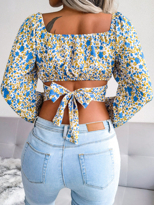 Blue Zone Planet |  Lantern sleeve bowknot floral chiffon shirt holiday style crop top BLUE ZONE PLANET