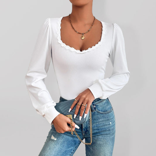 Blue Zone Planet | Women's V-neck Puff Sleeve Slim Fit Versatile Ladies T-Shirt Long Sleeve Lace French Top-[Adult]-[Female]-White-S-2022 Online Blue Zone Planet