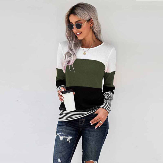 New pullover stitching long-sleeved casual T-shirt-[Adult]-[Female]-Green-S-2022 Online Blue Zone Planet