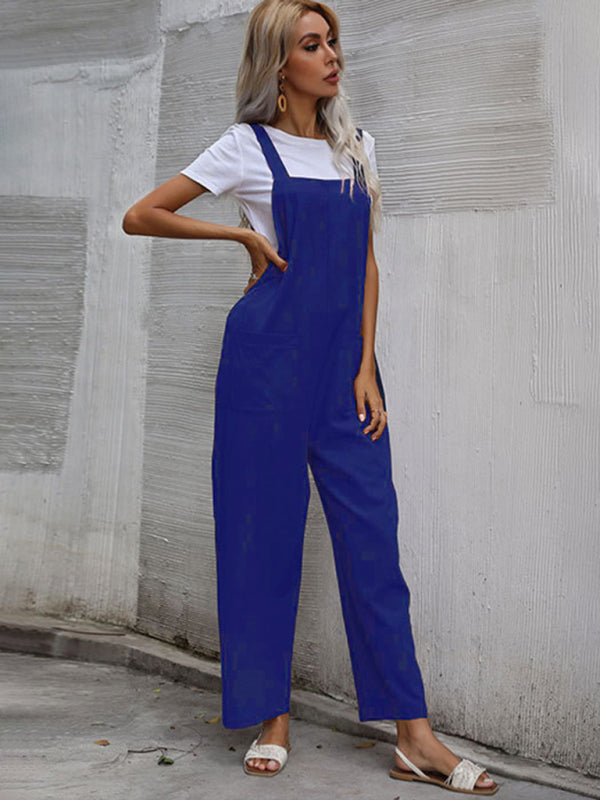 Blue Zone Planet |  Trendy cotton and linen lazy style pure color sleeveless spaghetti straps one-piece overalls for women BLUE ZONE PLANET