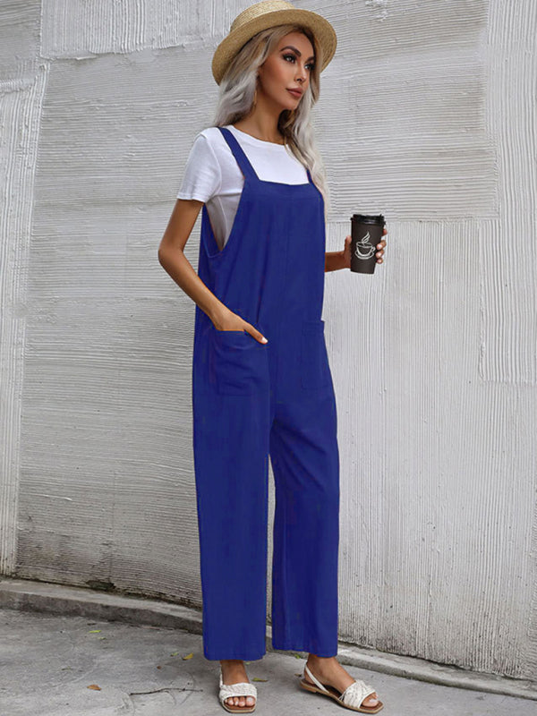 Blue Zone Planet |  Trendy cotton and linen lazy style pure color sleeveless spaghetti straps one-piece overalls for women BLUE ZONE PLANET