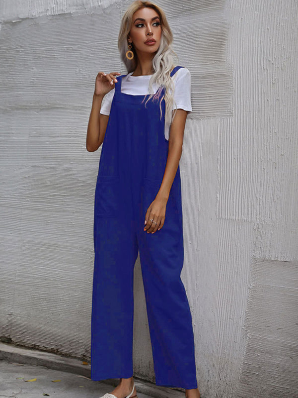 Blue Zone Planet |  Trendy cotton and linen lazy style pure color sleeveless spaghetti straps one-piece overalls for women BLUE ZONE PLANET