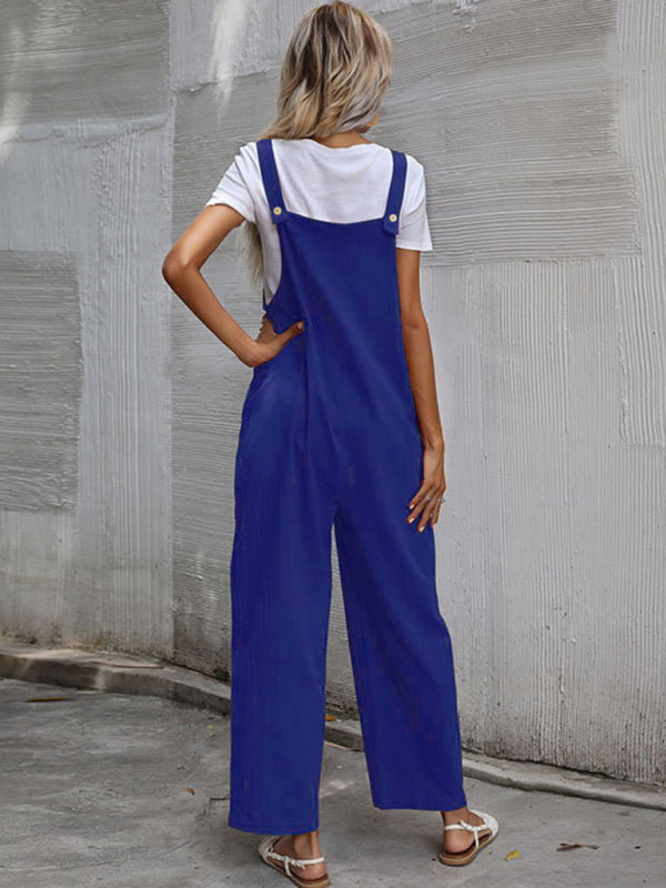 Blue Zone Planet |  Trendy cotton and linen lazy style pure color sleeveless spaghetti straps one-piece overalls for women BLUE ZONE PLANET