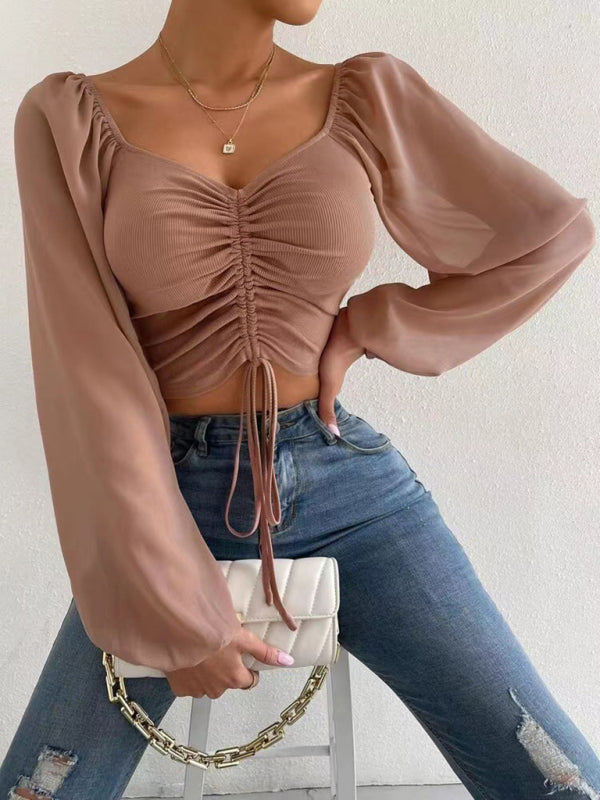 Drawstring Knit Paneled Chiffon Top Feminine Top European and American BLUE ZONE PLANET