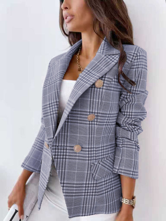 Blue Zone Planet | Women's fitted check double-breasted blazer-[Adult]-[Female]-White-S-2022 Online Blue Zone Planet