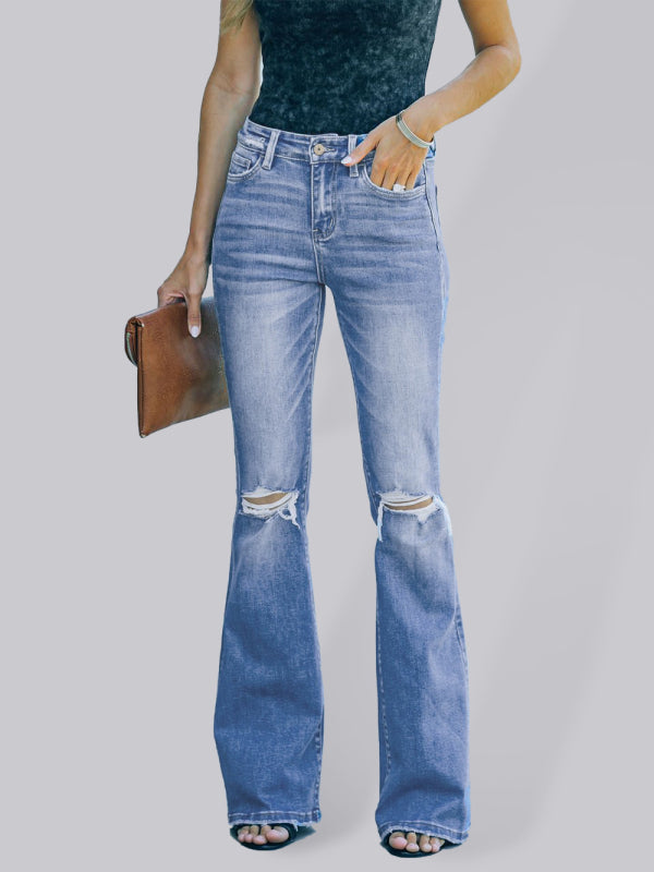 American style bootcut jeans high waist slimming ripped jeans-[Adult]-[Female]-Blue-S-2022 Online Blue Zone Planet