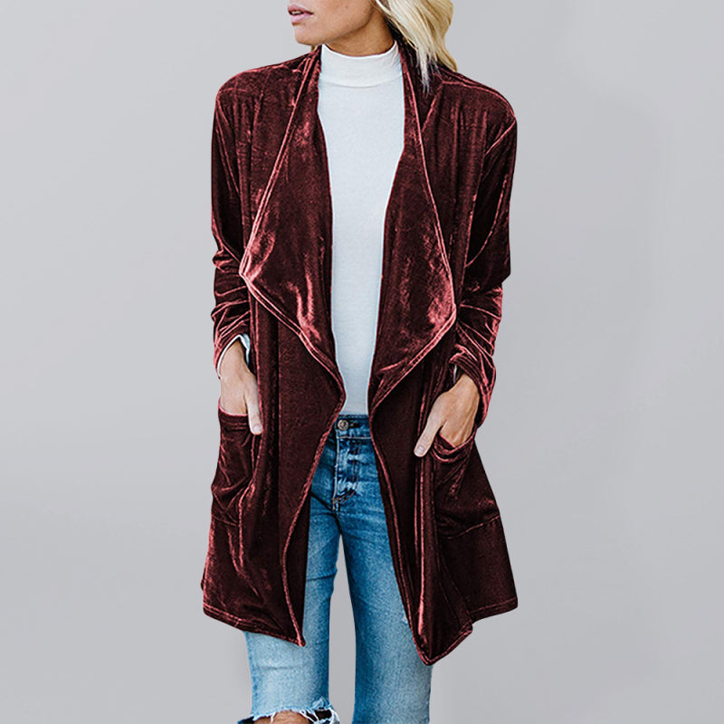 Blue Zone Planet | Women's casual gold velvet mid-length trench coat with large lapel-TOPS / DRESSES-[Adult]-[Female]-Wine Red-S-2022 Online Blue Zone Planet