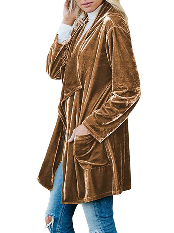 Blue Zone Planet | Women's casual gold velvet mid-length trench coat with large lapel-TOPS / DRESSES-[Adult]-[Female]-2022 Online Blue Zone Planet