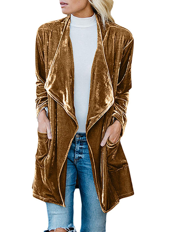 Blue Zone Planet | Women's casual gold velvet mid-length trench coat with large lapel-TOPS / DRESSES-[Adult]-[Female]-Yellow-S-2022 Online Blue Zone Planet