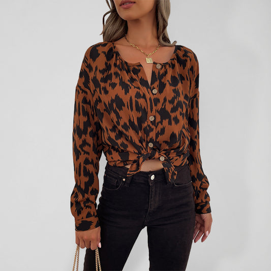 Women's Woven Leopard Print Casual Cardigan Long-sleeved Shirt