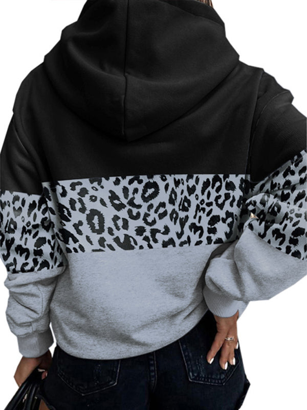 Women's leopard print contrasting color long-sleeve hoodies-Tops / Dresses-[Adult]-[Female]-Grey Panther-L-2022 Online Blue Zone Planet