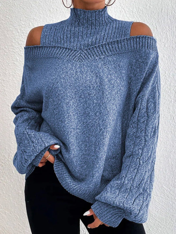 Blue Zone Planet | Solid color turtleneck cut-out off-the-shoulder long-sleeved sweater-TOPS / DRESSES-[Adult]-[Female]-Blue-S-2022 Online Blue Zone Planet