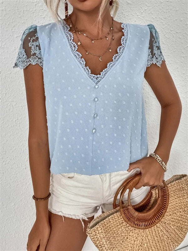 Blue Zone Planet | Summer V-neck chiffon lace shirt BLUE ZONE PLANET