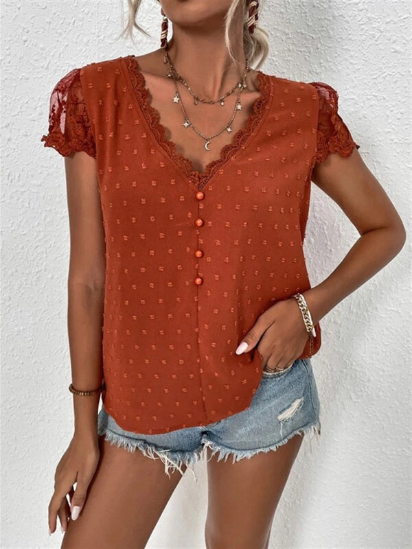 Blue Zone Planet | Summer V-neck chiffon lace shirt BLUE ZONE PLANET